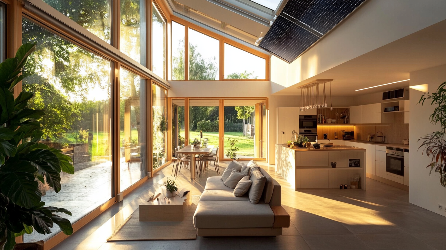 Modernes loftartiges Wohnzimmer mit transparenter Photovoltaik-Fassade