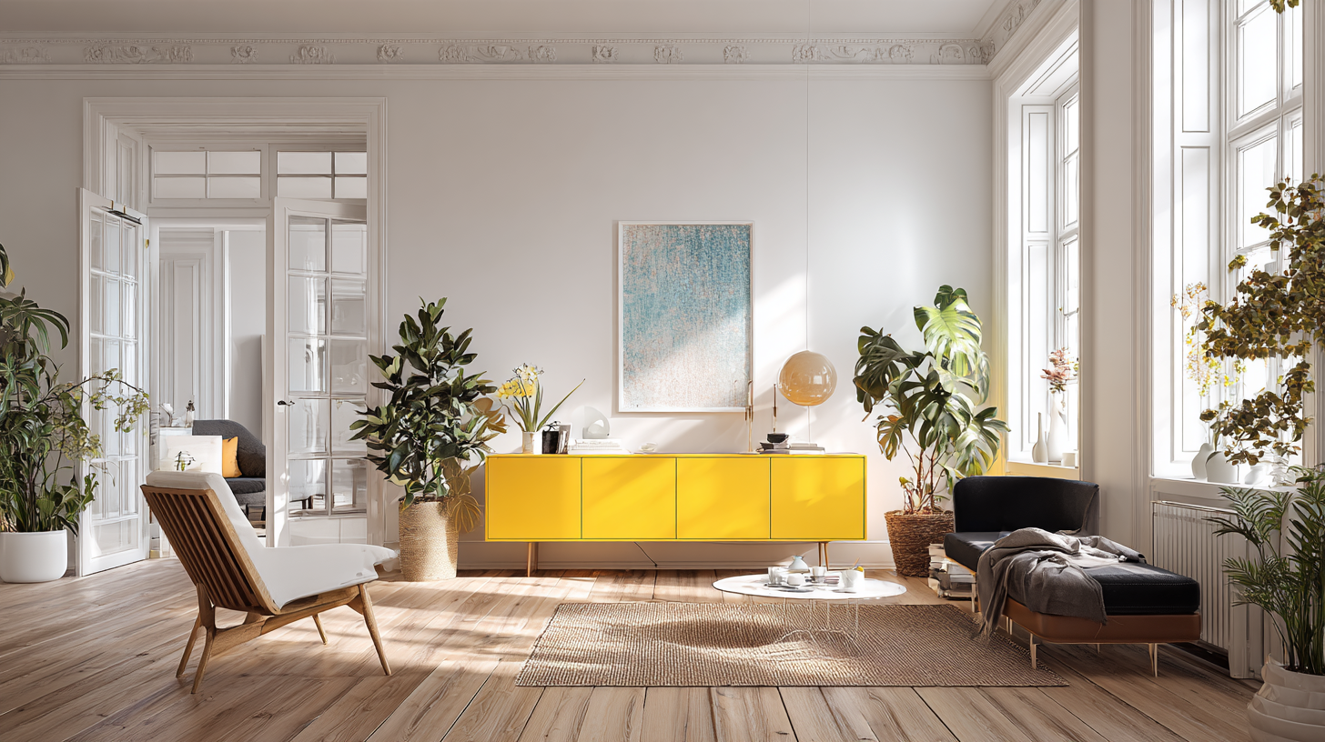 Wohnzimmer mit sandfarbenem ThermoTone-Sideboard: Farbverlauf in warmem Orange, dezente Form